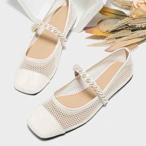 Shoes - White Elegant Women's Summer Pearl One-Strap Breathable Mesh Sandals